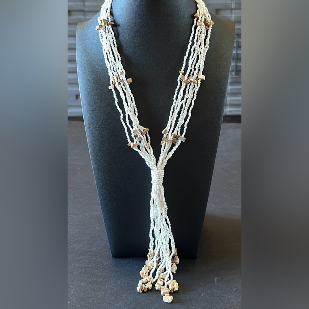 White Glass Seed Bead With Jasper MultiStrand Vintage Tassel Necklace